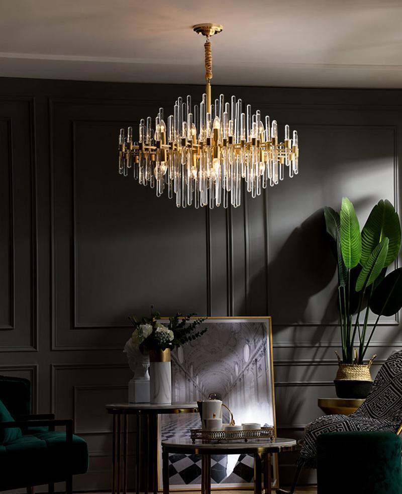 Brass Chandelier With Clear Glass Rods Shade