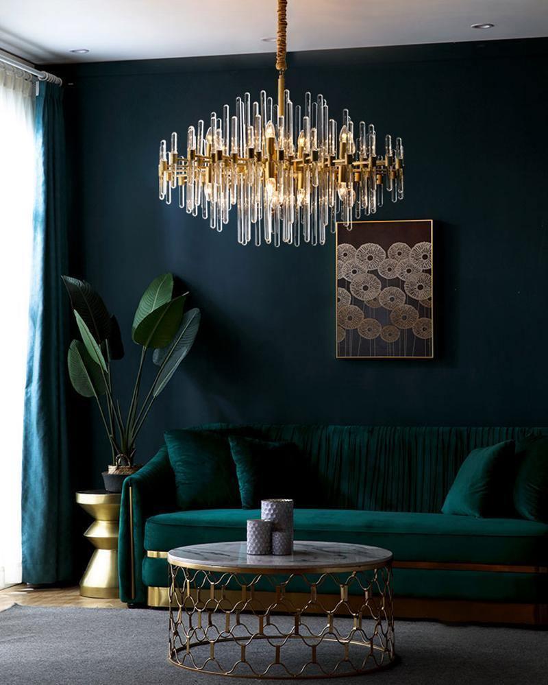 Brass Chandelier With Clear Glass Rods Shade