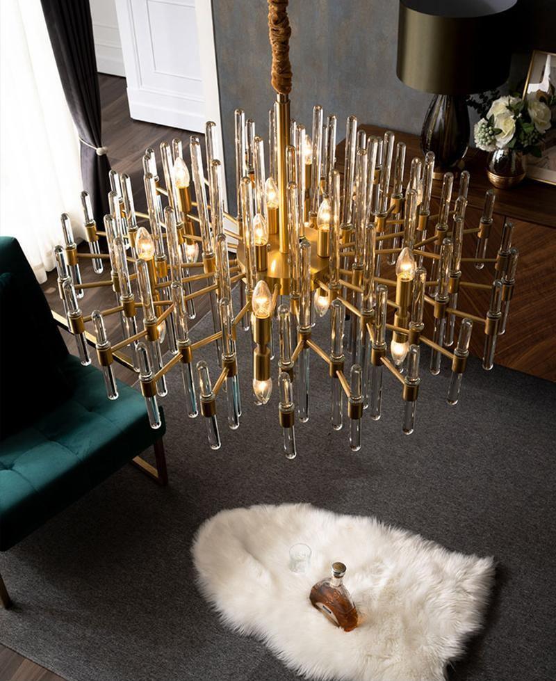 Brass Chandelier With Clear Glass Rods Shade