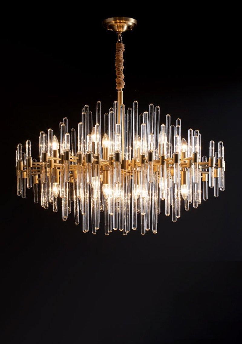 Brass Chandelier With Clear Glass Rods Shade