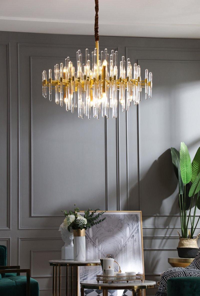 Brass Chandelier With Clear Glass Rods Shade