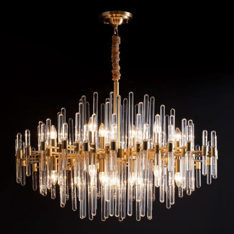 Brass Chandelier With Clear Glass Rods Shade