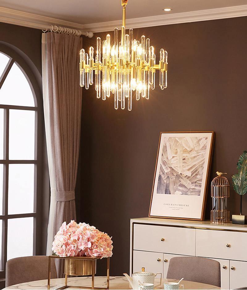 Brass Chandelier With Clear Glass Rods Shade