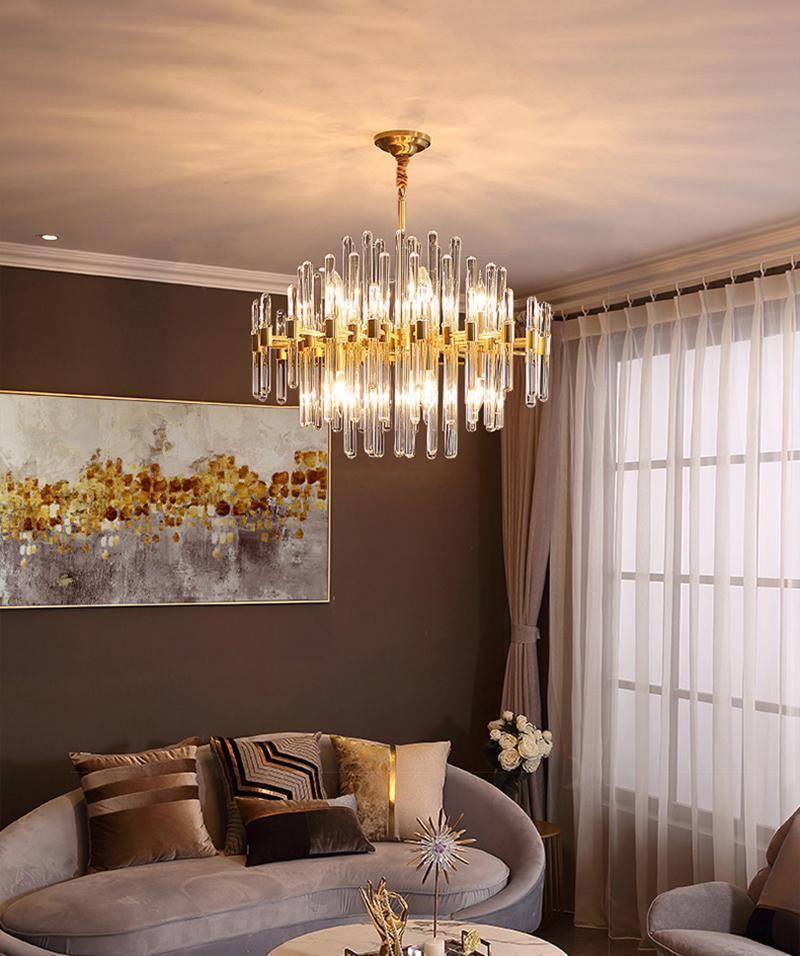 Brass Chandelier With Clear Glass Rods Shade