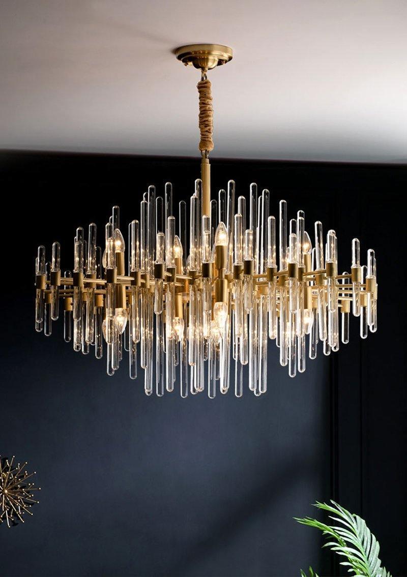 Brass Chandelier With Clear Glass Rods Shade