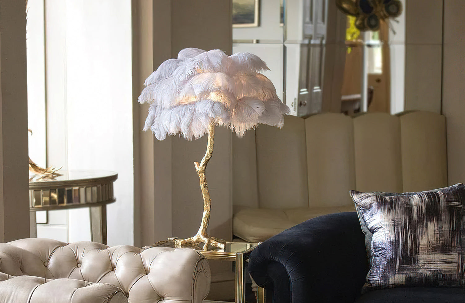 Soft lighting: Feather lamps add texture and warmth
