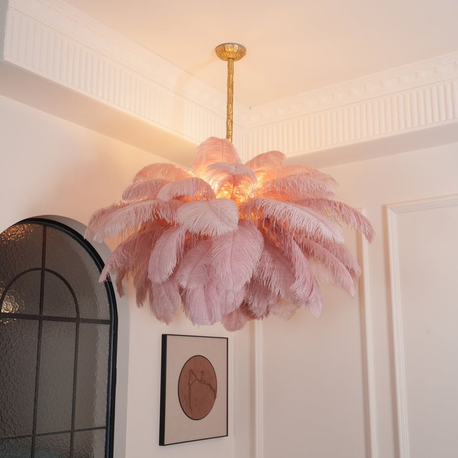 Ostrich Feather Chandelier, light on