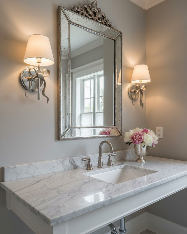 Colette Mirrored Bow Wall Sconce by a vanity mirror