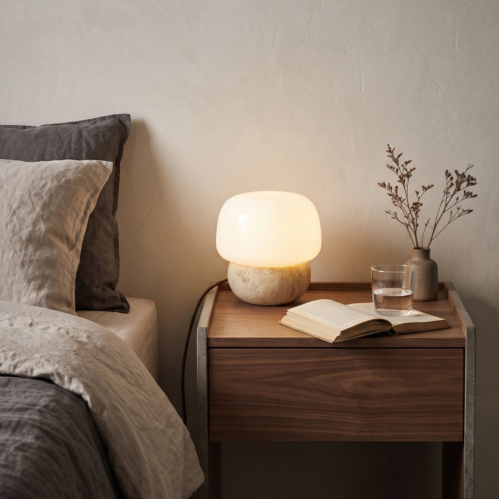 Cusco travertine table lamp glowing on a walnut nightstand beside the bed