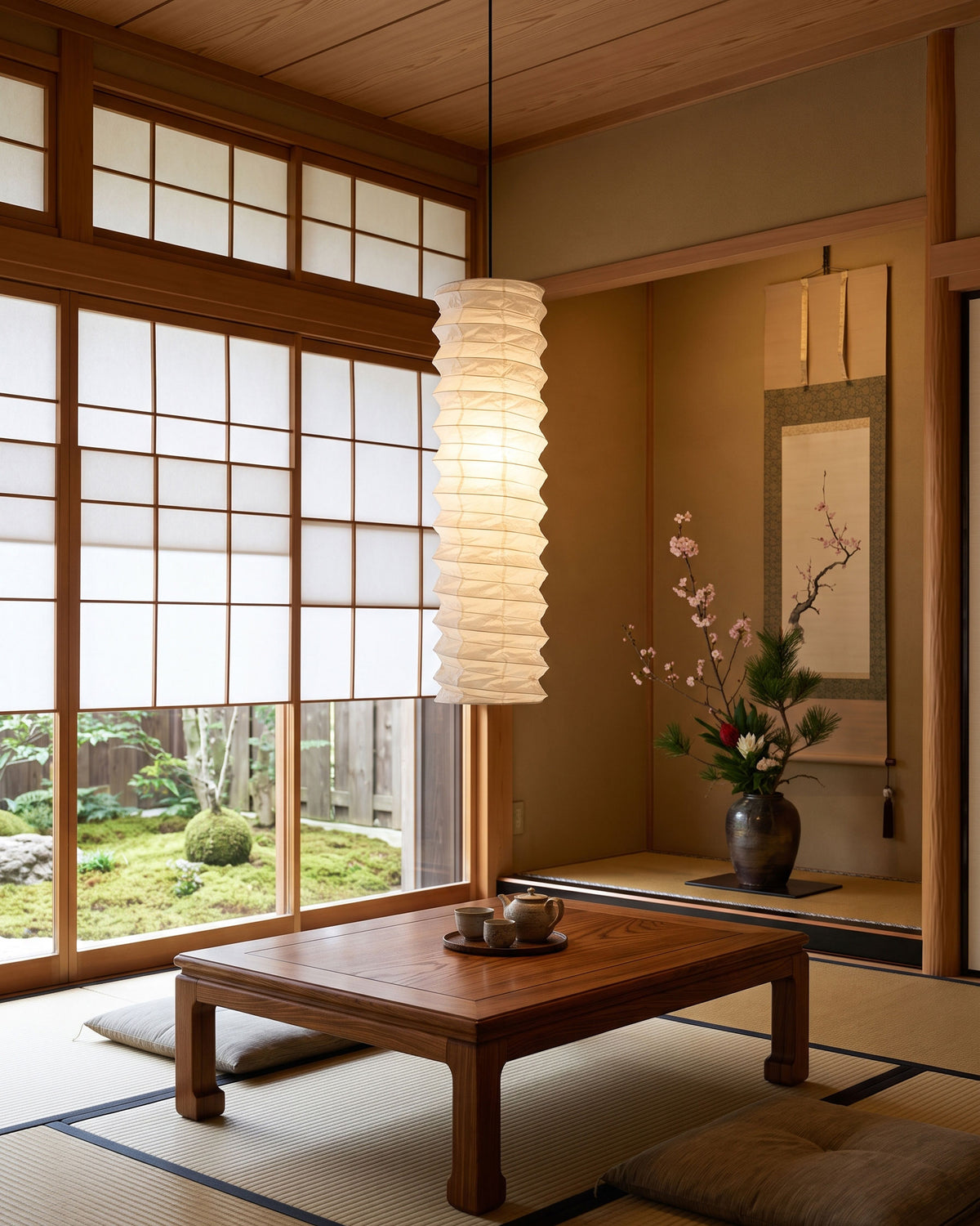 Akari Xuan Paper Pendant Light lit in a room setting