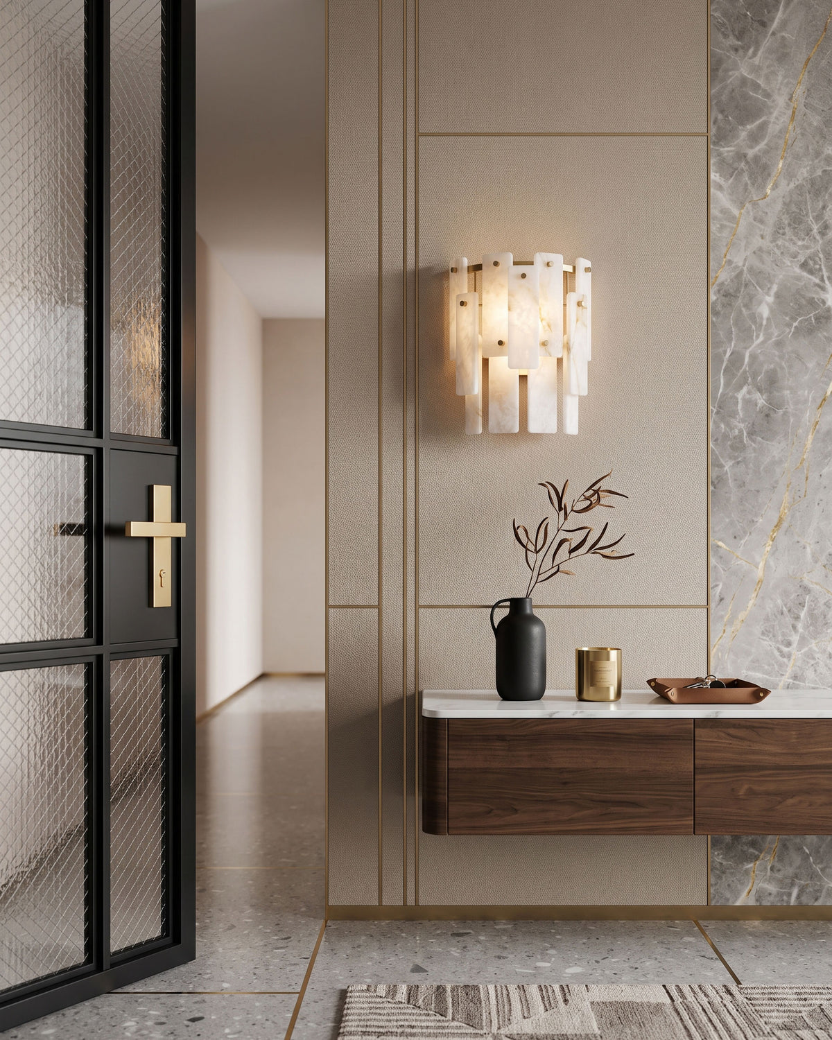 Albright Natural Alabaster Wall Sconce lit in a room setting