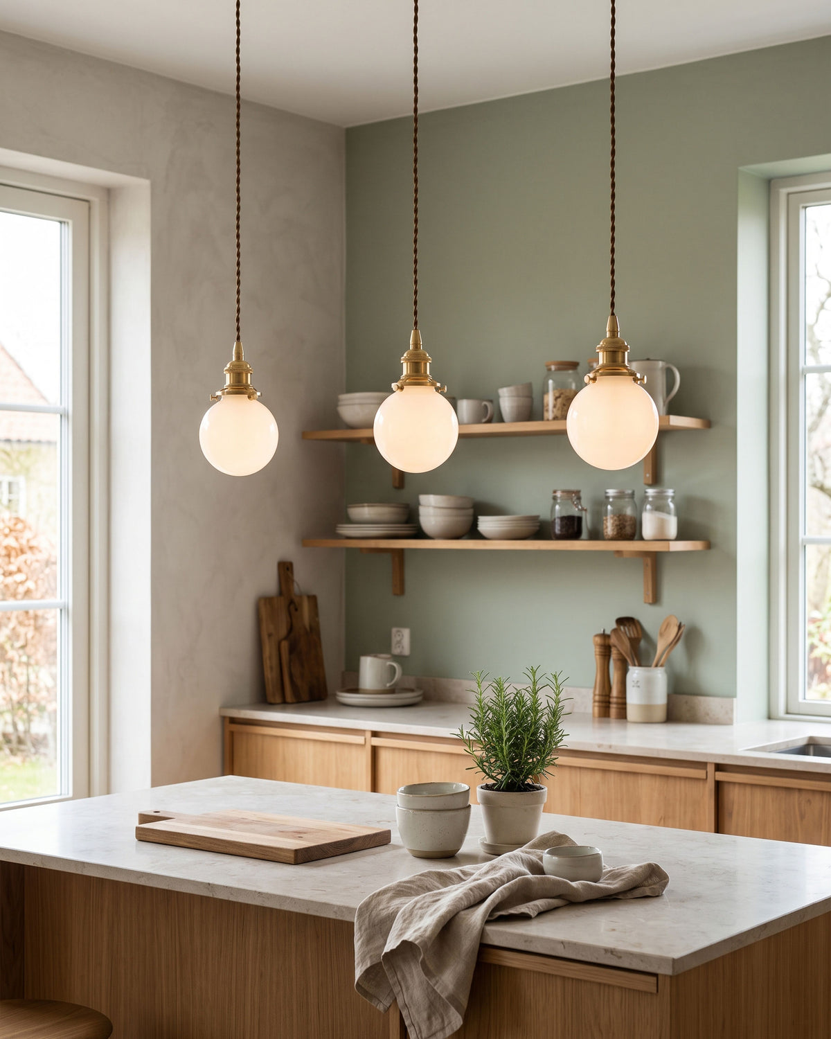 Augustine Milk Glass Pendant Lamp lit soft glow