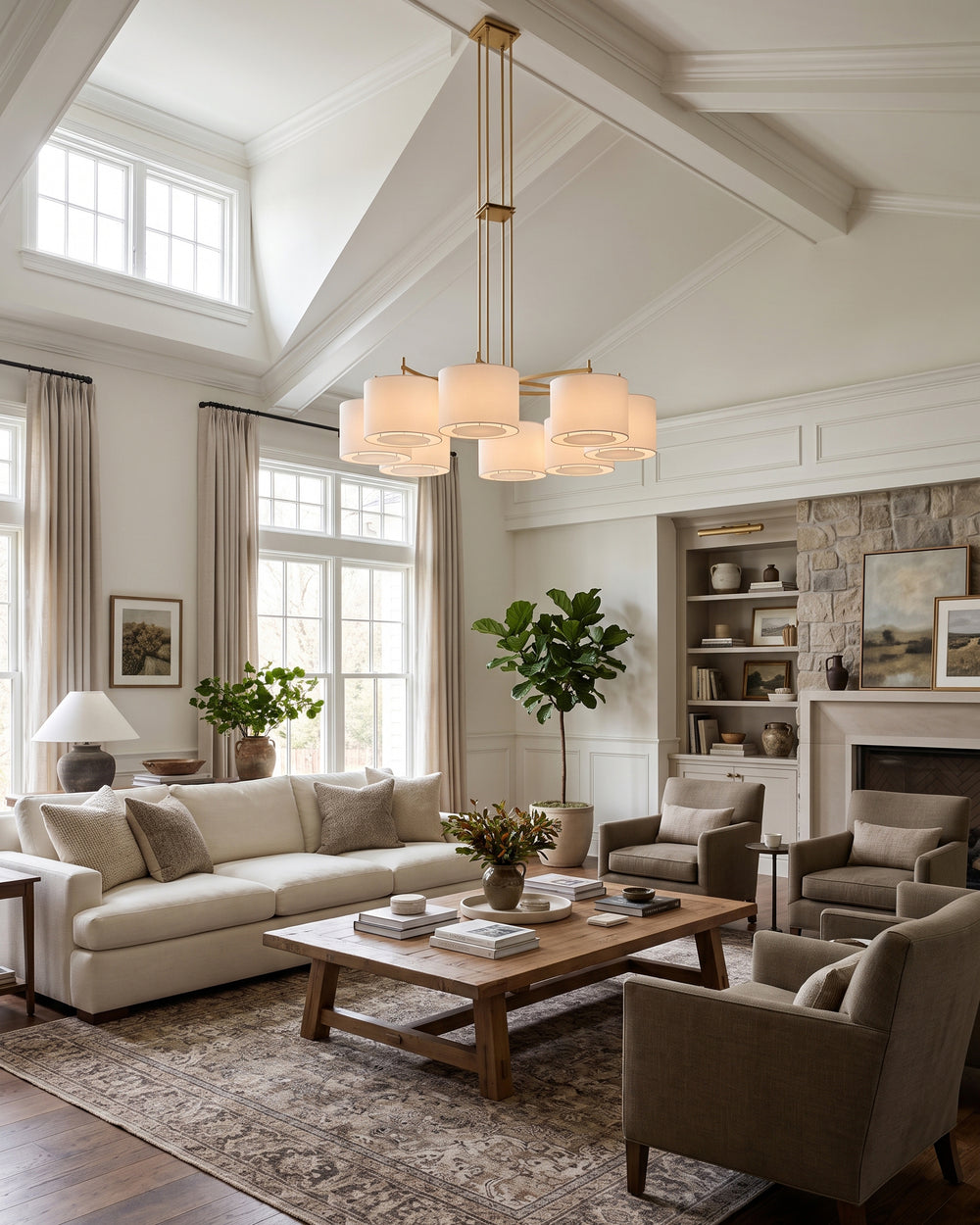 Fabric chandelier over a vaulted living room