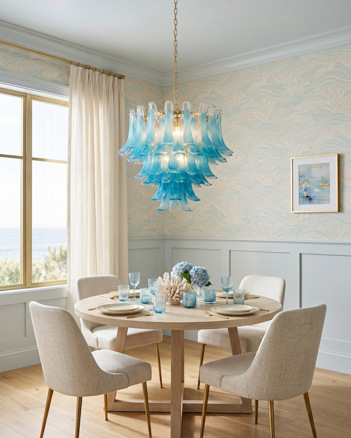 Elora tiered Murano chandelier over a dining table, full room view