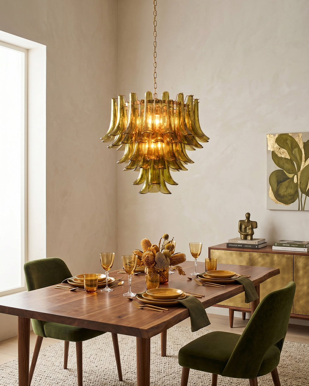 Elora tiered chandelier above a set dining table