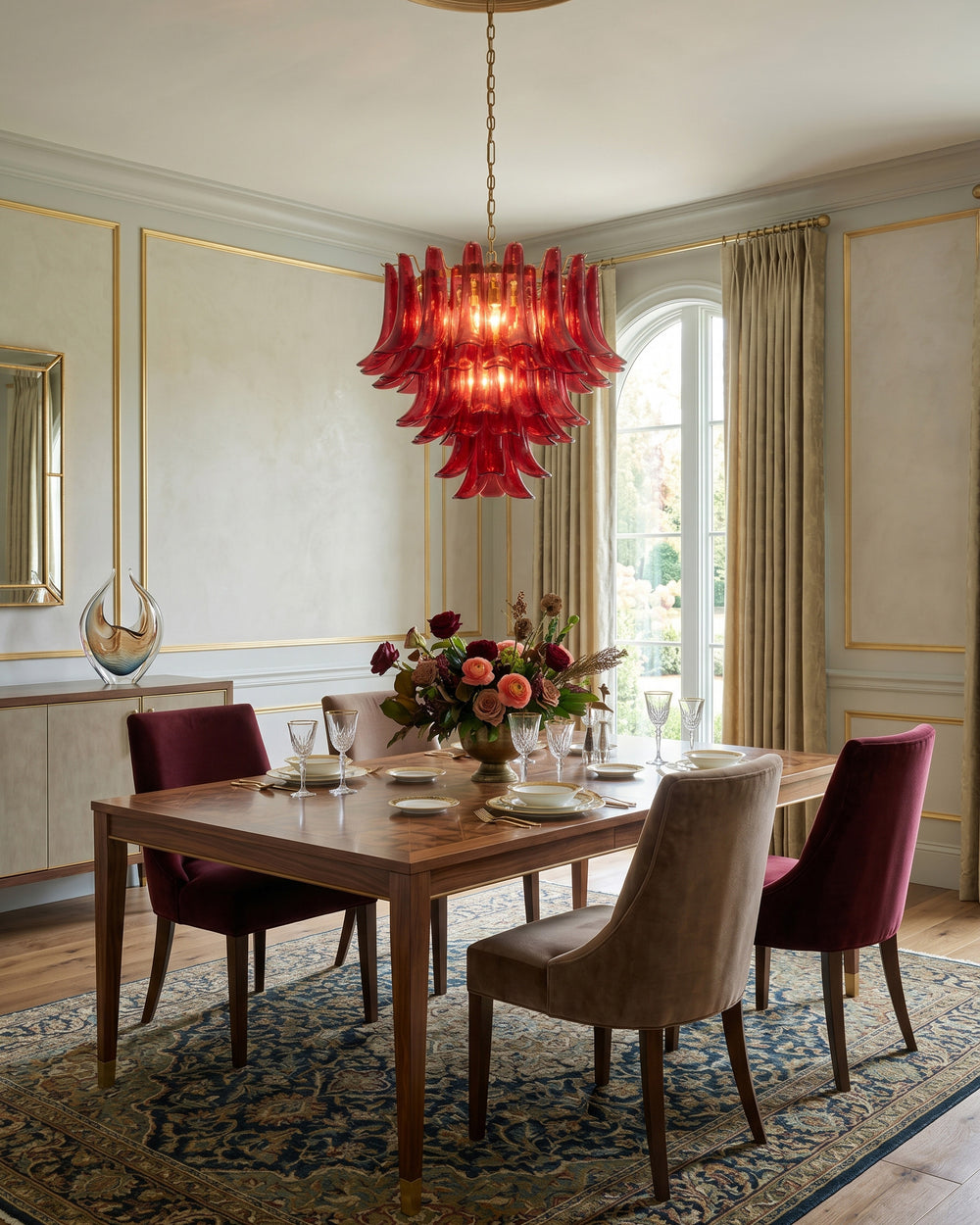 Elora tiered chandelier, dining scene at dusk with warm light