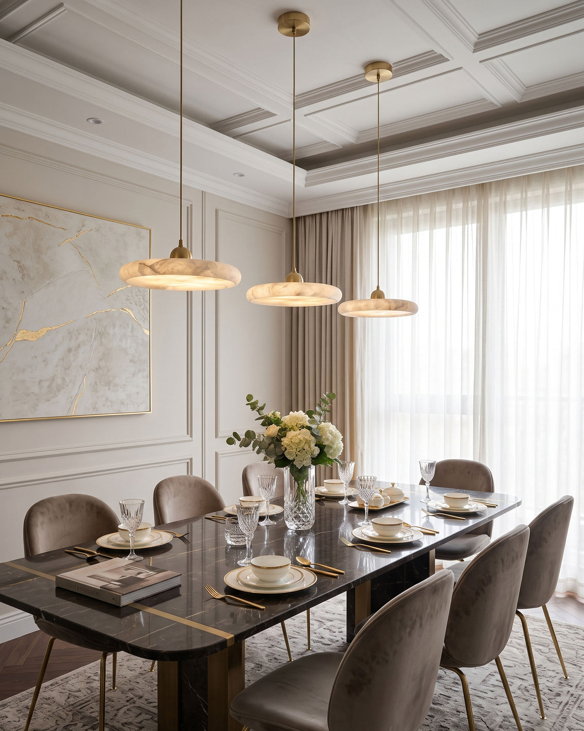 Inigo Slim Alabaster Pendant Light dome and brass ring detail