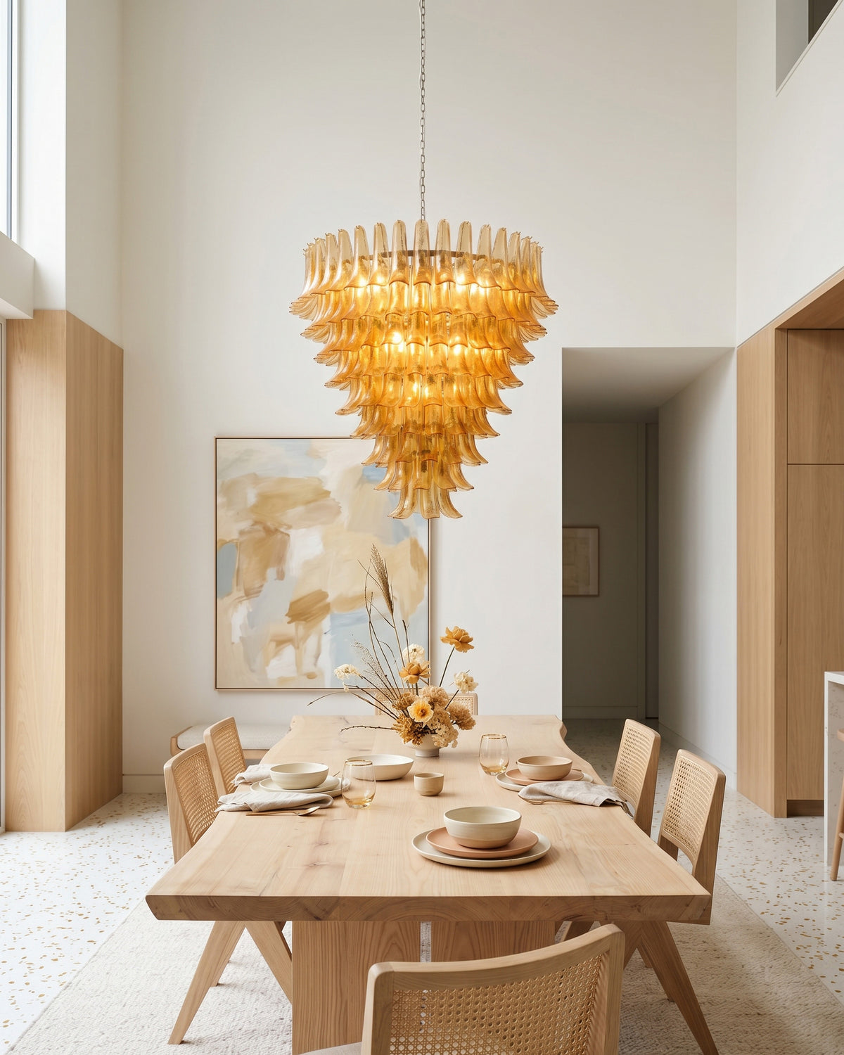 Isolde tiered Murano glass chandelier, close detail of layered glass tiers