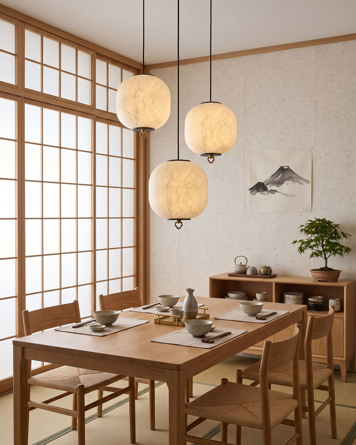 Kian Mulberry Silk Pendant Light lit in a room setting