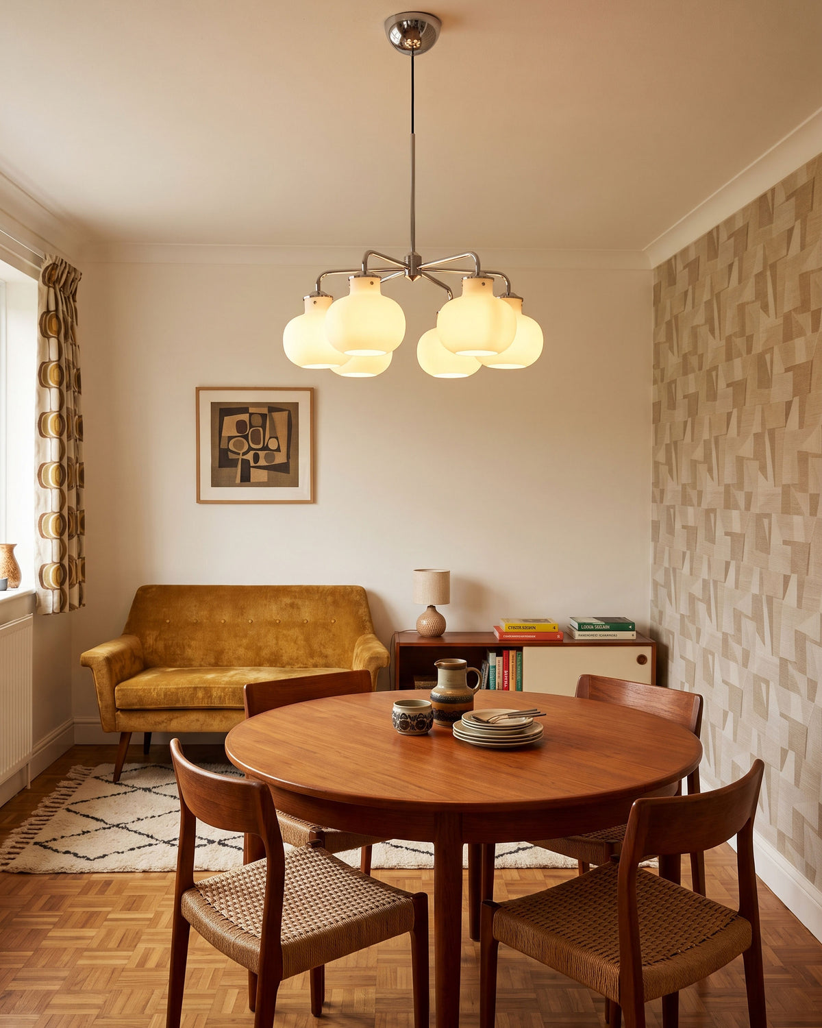 Loring Opal Globe Chandelier lit in a room setting