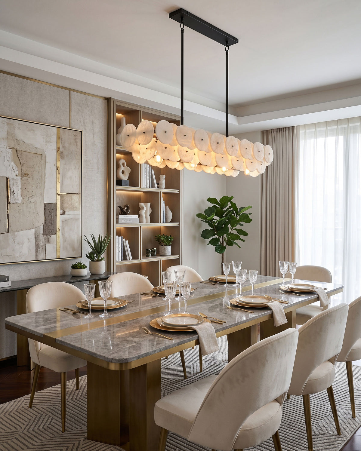 Nyssa Alabaster Chandelier lit in a room setting