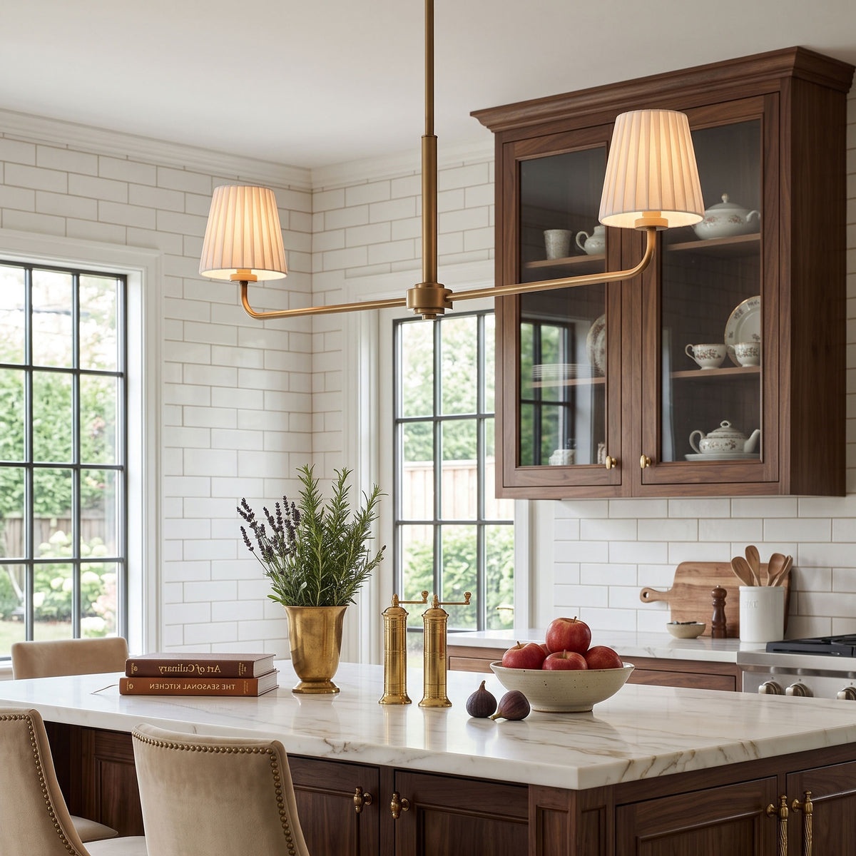 Octavia Linear Pleated Chandelier hanging over an island