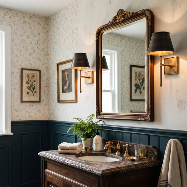 Pair of Rhodes wall sconces flanking an ornate gilded mirror above a marble powder room vanity