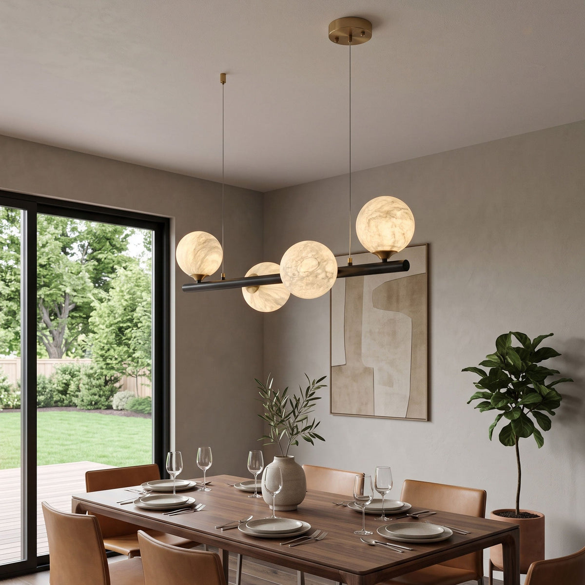 Rory Linear Silk Pendant Light hanging over an island