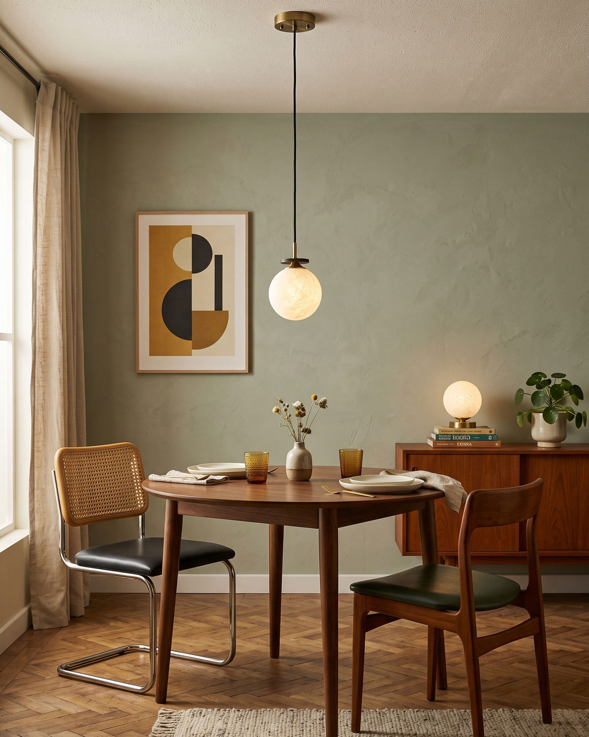 Rory Mulberry Silk Pendant Light lit in a room setting