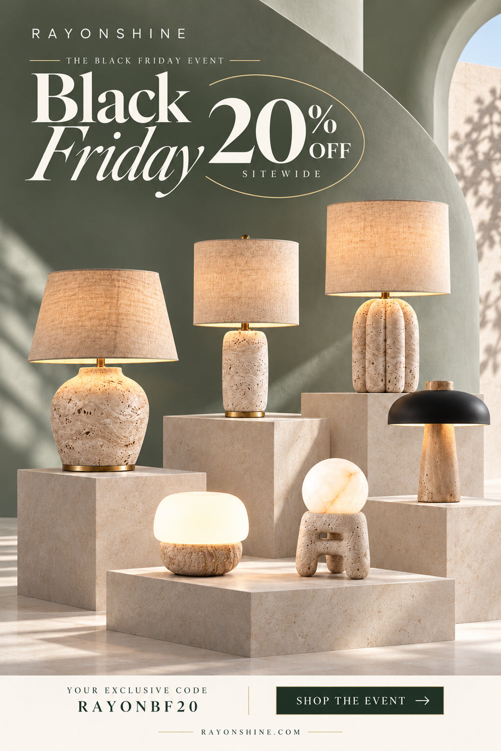 Rayonshine Black Friday 20% off sitewide with code RAYONBF20, featuring six travertine table lamps on stone plinths