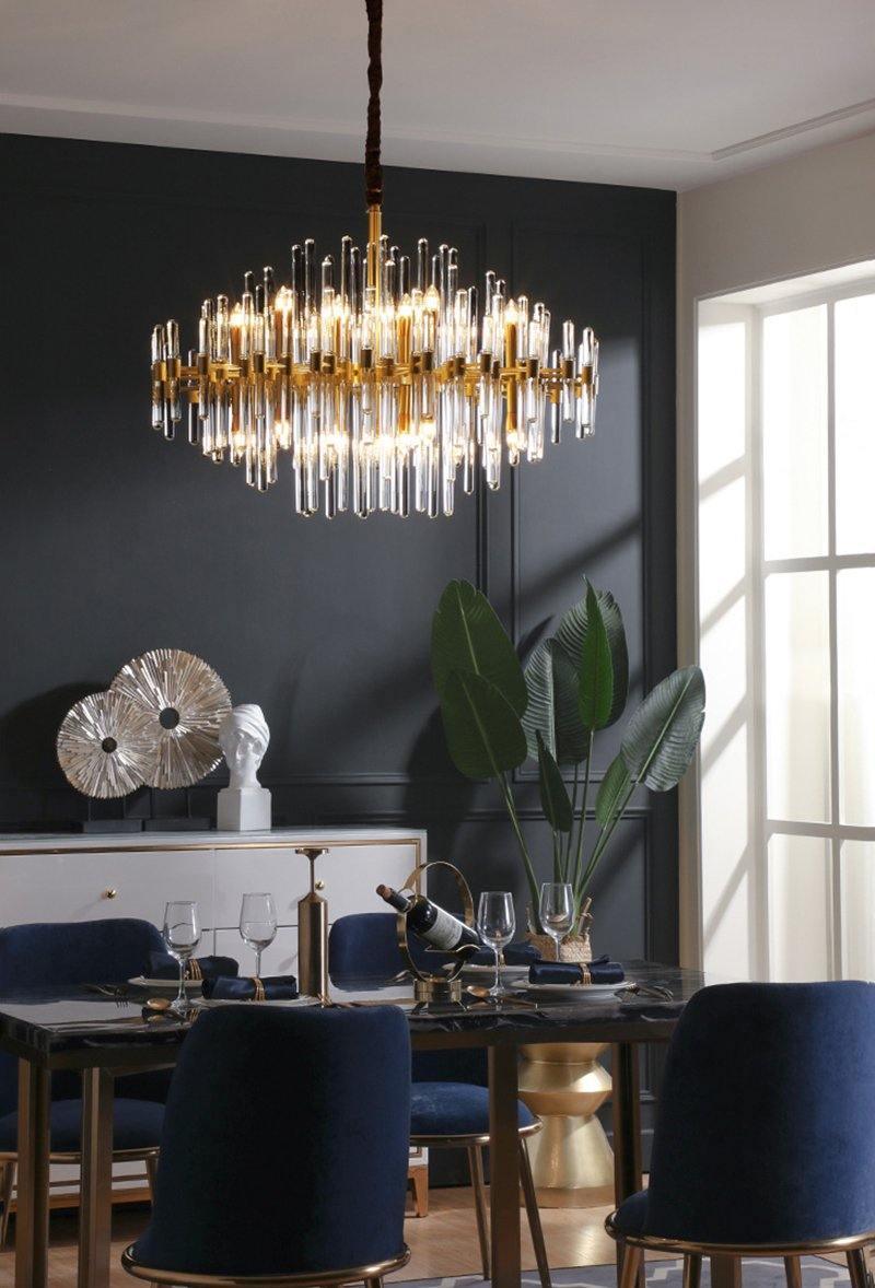 Brass Chandelier With Clear Glass Rods Shade