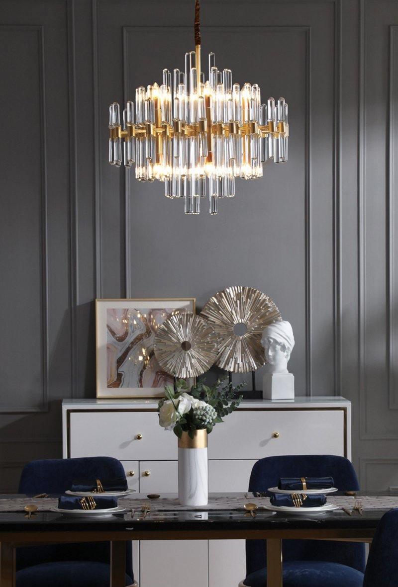 Brass Chandelier With Clear Glass Rods Shade