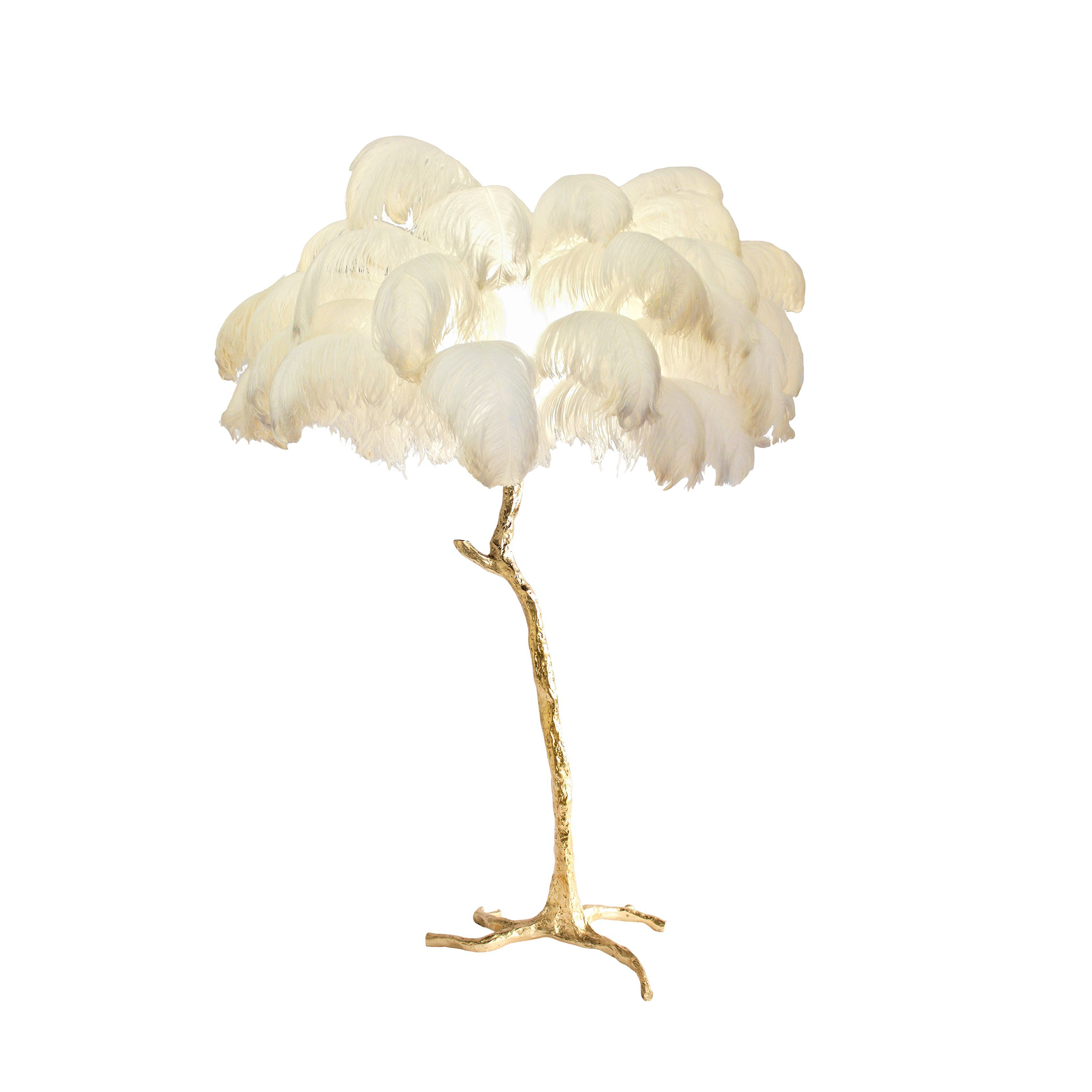 Lámpara de pie de latón con plumas de avestruz